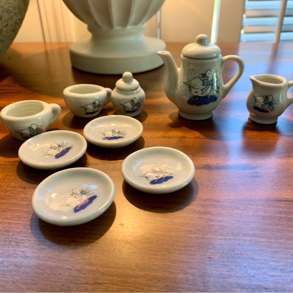 Vintage and Charming Miniature Geese Tea Set with Blue Accents